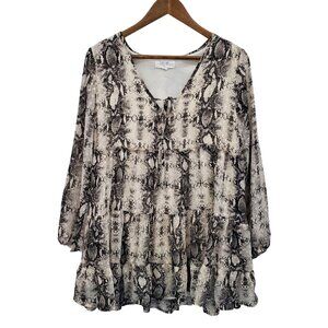 Peach Love Snakeskin Ruffle Mini Dress Boho Grunge Long Sleeve Tiered Womens S